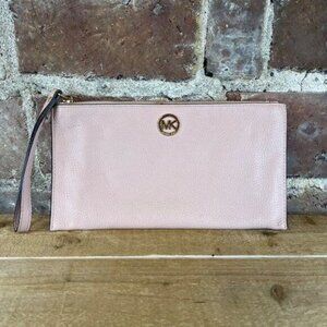 Michael Kors Fulton Dusty Rose Pebbled Leather Zip Wristlet Clutch Wallet